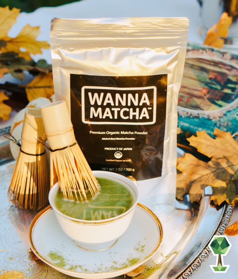 A bag of Wanna Matcha, with a full teacup in front | Totally Boise