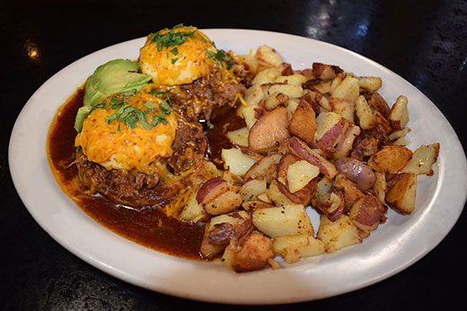 Breakfast Platter with Potatoes and Carnitas Bennie