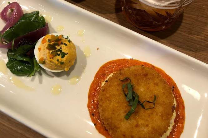 Famous fried green tomatoes & deviled eggs, paired with nitro sweet tea & Tumeric-ginger tonic